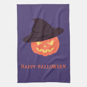 Orange Retro Pumpkin Happy Halloween Tea Towel