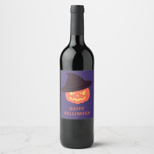 Orange Retro Pumpkin Happy Halloween Wine Label  (Front)