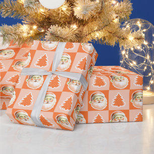 Orange Retro Santa Claus Christmas Tree Plaid Wrapping Paper