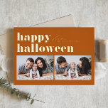Orange Retro Typography Happy Halloween Two Photo<br><div class="desc">Happy Halloween! Send Halloween greetings to family and friends with this customisable photo Halloween card. It features retro bold typography. Personalise by adding your details. This gold foil Halloween card is available on other cardstock. Matching items are available.</div>
