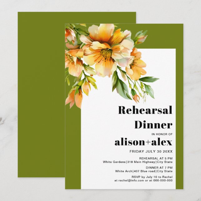 Orange rhododendron fall wedding rehearsal dinner invitation (Front/Back)