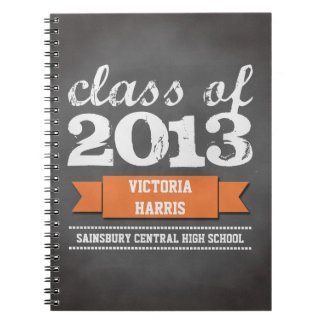 Orange ribbon banner chalkboard graduation student spiral notebook
