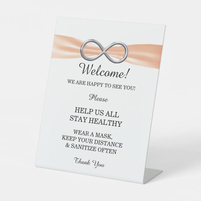 Orange Ribbon Silver Infinity Wedding Safety  Pedestal Sign (Front)