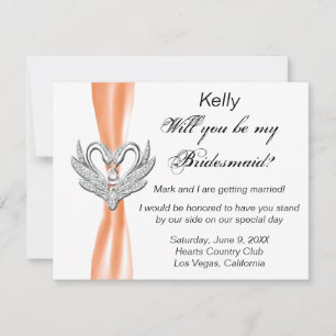 Orange Ribbon Silver Swans Bridesmaid Card