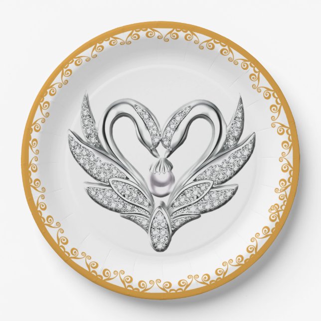 Orange Ribbon Silver Swans Paper Plate (Front)