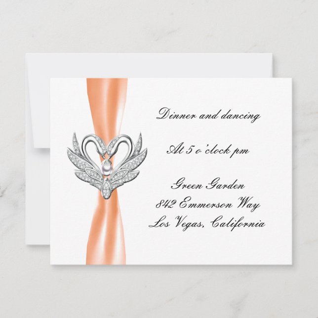 Orange Ribbon Silver Swans Reception Card (Front)