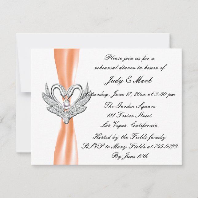Orange Ribbon Silver Swans Rehearsal Dinner Invite (Front)