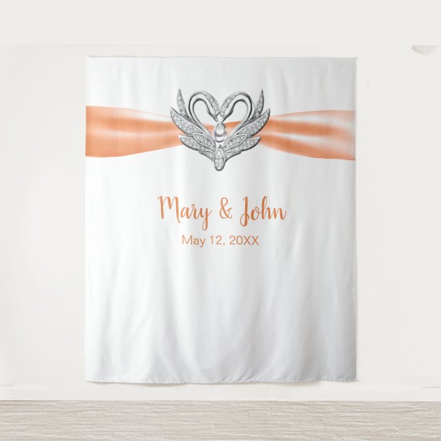 Orange Ribbon Silver Swans Wedding Backdrop Tapestry (Front)