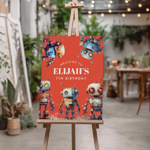 Orange Robot Tech Gear Builder Birthday Party Sign