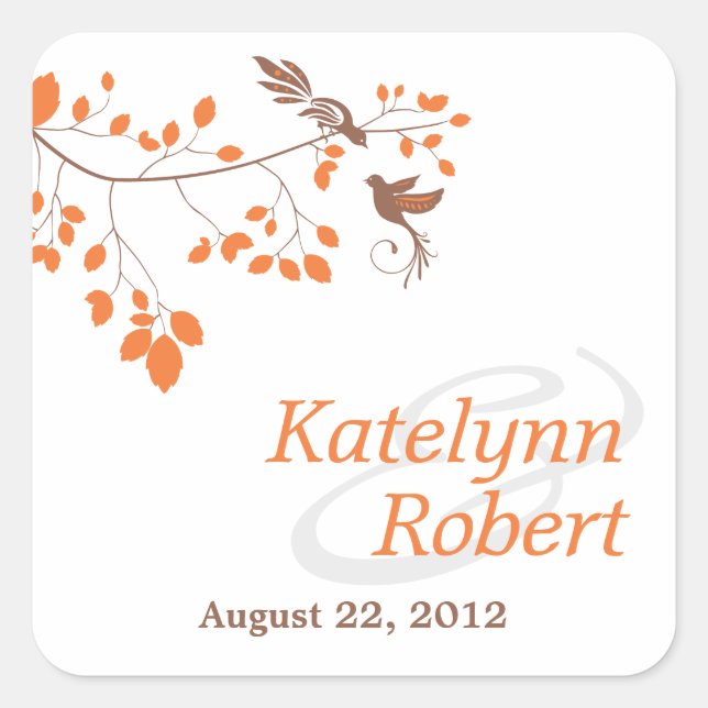 Orange Romance Wedding Square Stickers (Front)