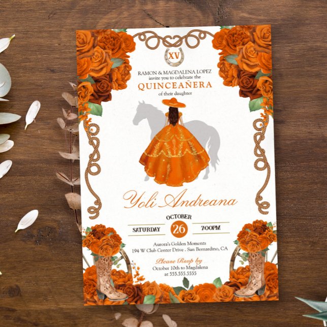 Orange Rose Floral Western Charro Quinceanera Invitation (Creator Uploaded)