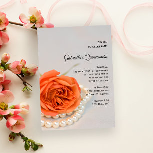 Orange Rose Flower and Pearls Quinceanera Party  Invitation