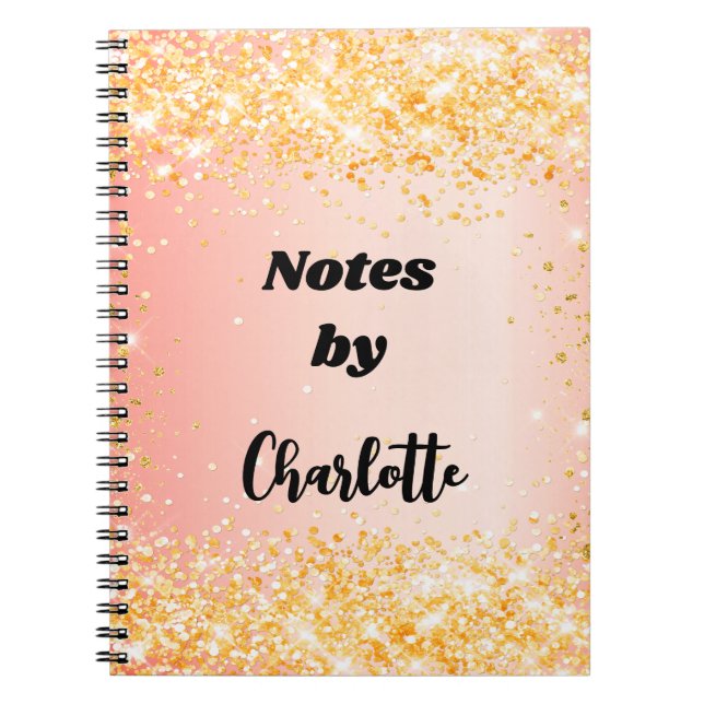 Orange rose gold glitter name script notebook (Front)