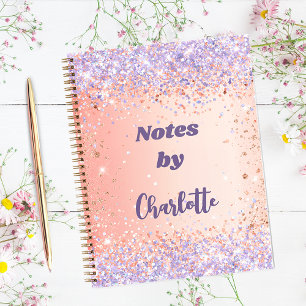 Orange rose gold purple violet glitter name notebook