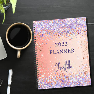 Orange rose gold violet purple glitter script 2023 planner