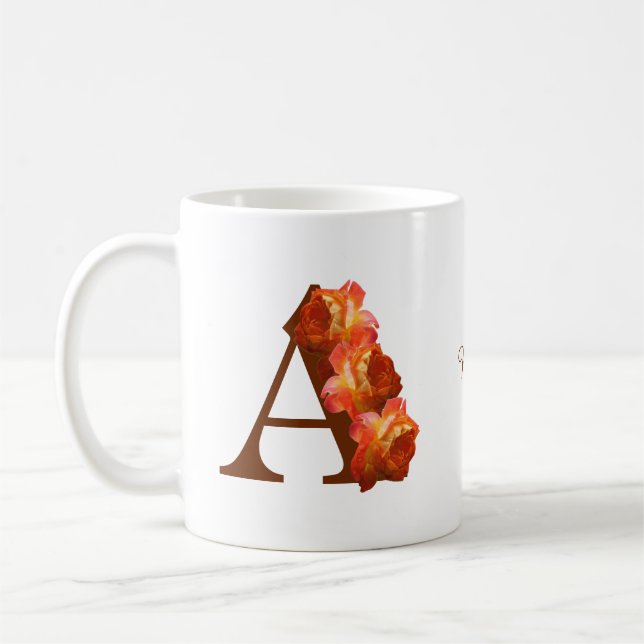Orange Rose Monogram Initial A Personalised Coffee Mug (Left)