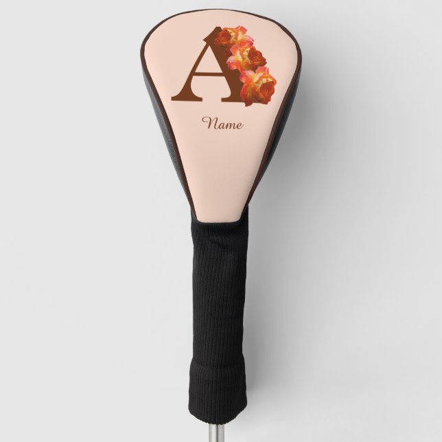 Orange Rose Monogram Initial A Personalised Golf Head Cover (Front)