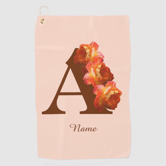 Orange Rose Monogram Initial A Personalised Golf Towel (Front)