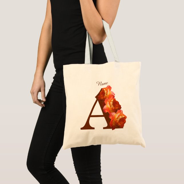 Orange Rose Monogram Initial A Personalised Tote Bag (Front (Product))