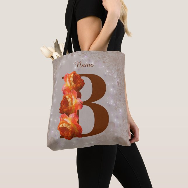Orange Rose Monogram Initial B Your Name  Tote Bag (Close Up)