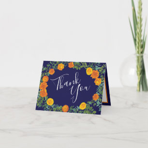 Orange Rose Navy Blue Wedding Thank You Card