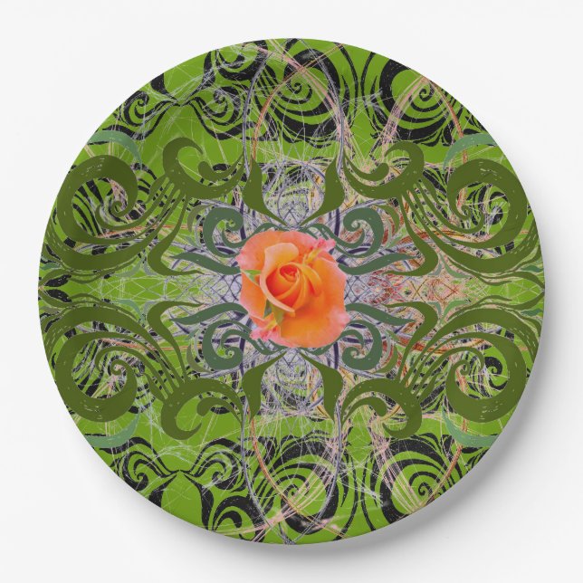 Orange Rose on Green elegant Paper Plate (Front)