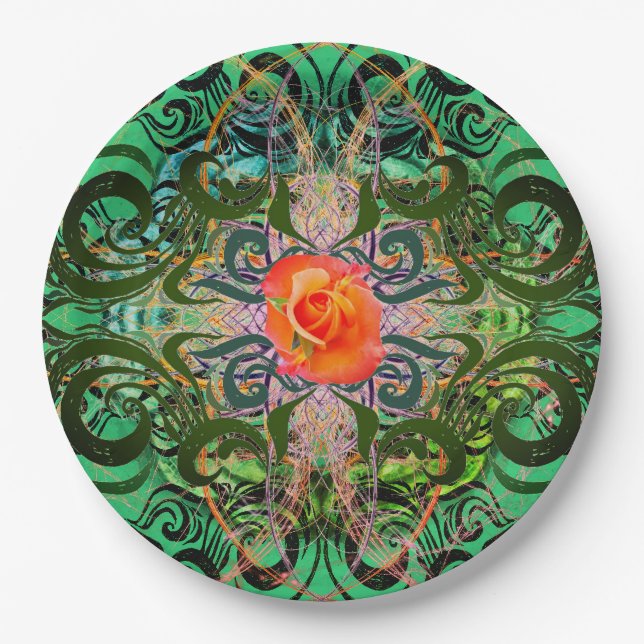 Orange Rose on green elegant pattern Paper Plate (Front)
