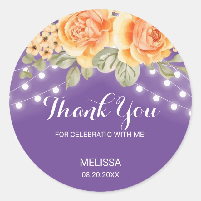 Orange Rose String Lights Purple Birthday Thanks Classic Round Sticker (Front)