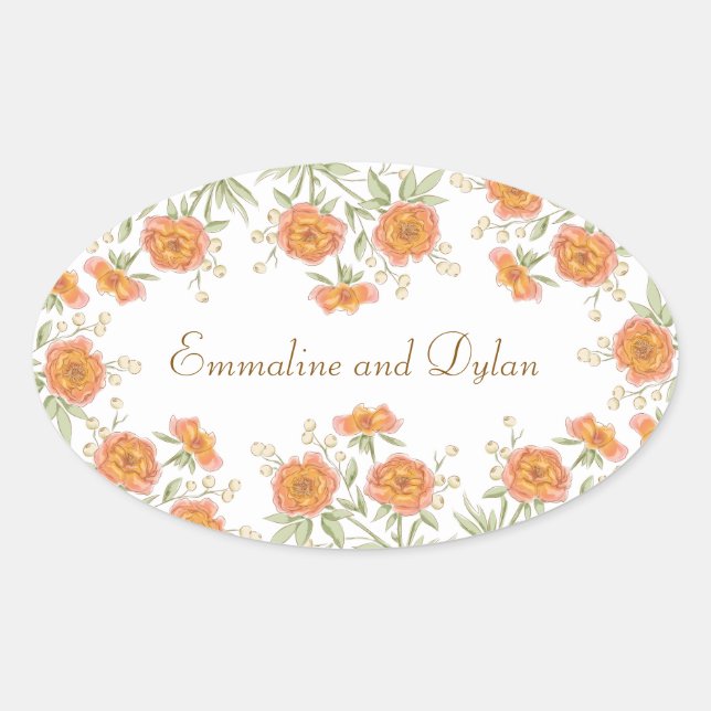 Orange Rose Wedding Oval Sticker (Front)