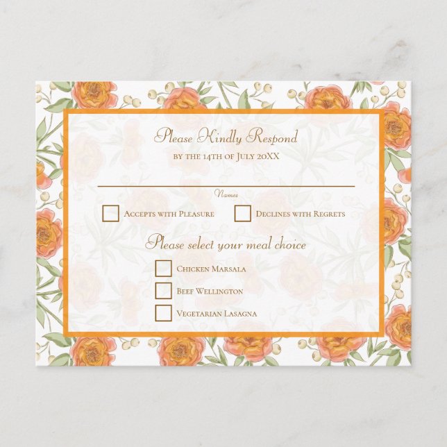 Orange Rose Wedding RSVP Reply Holiday Postcard (Front)