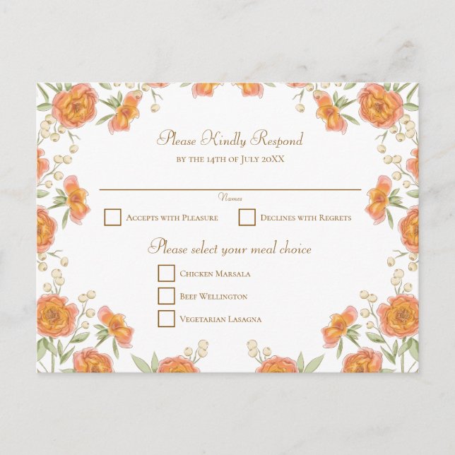 Orange Rose Wedding RSVP Reply Holiday Postcard (Front)