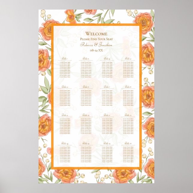 Orange Rose Wedding Seating Chart (Front)