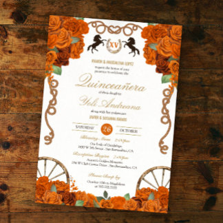 Orange Rose Western Quinceañera Invitation