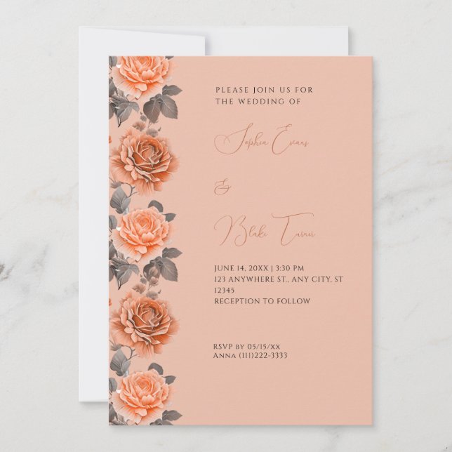 Orange Roses Modern Fall Light Brown Wedding Invitation (Front)