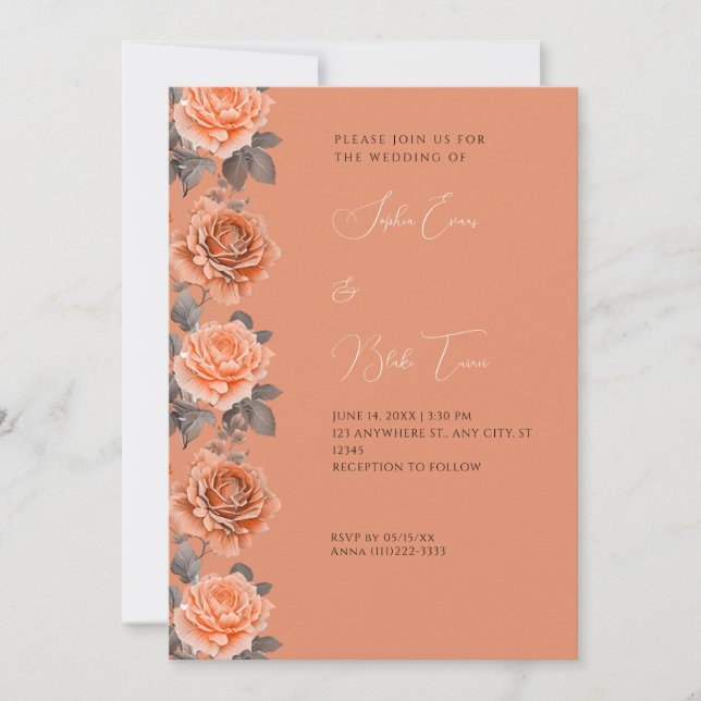 Orange Roses Modern Fall Light Orange Wedding Invitation (Front)