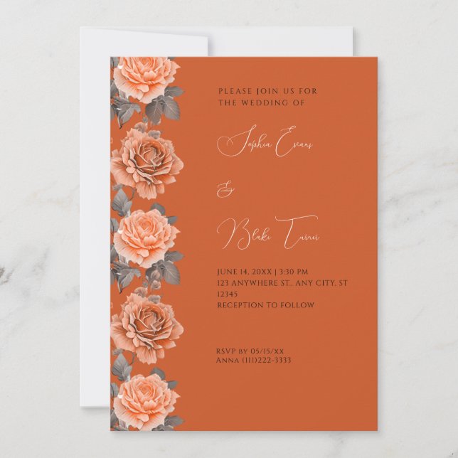 Orange Roses Modern Fall Orange Wedding Invitation (Front)
