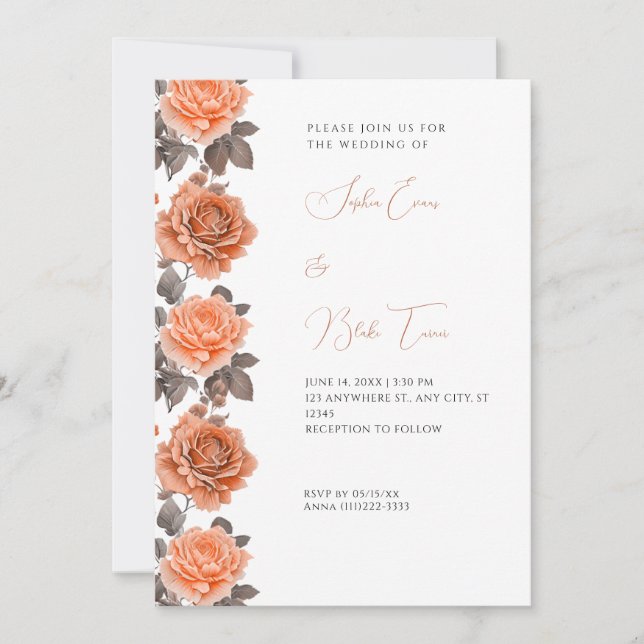 Orange Roses Modern Fall White Wedding Invitation (Front)