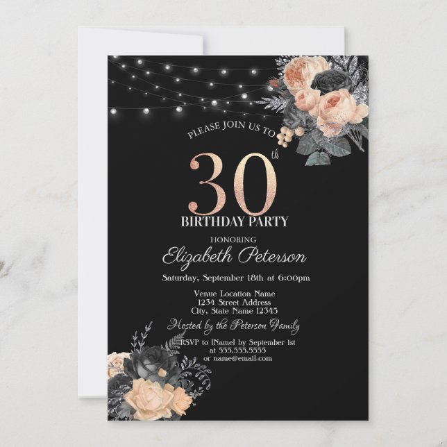 Orange Roses String Lights Black 30th Birthday Invitation (Front)