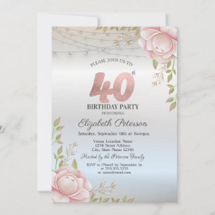 Orange Roses String Lights Silver 40th Birthday Invitation