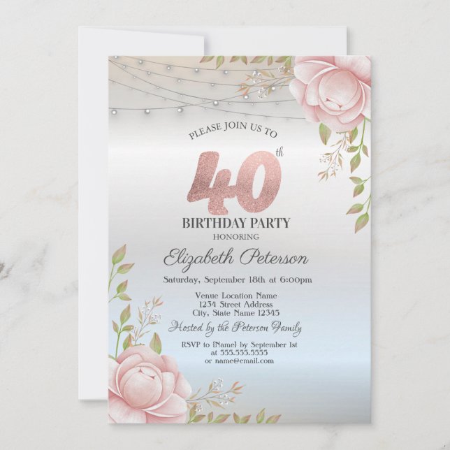 Orange Roses String Lights Silver 40th Birthday Invitation (Front)