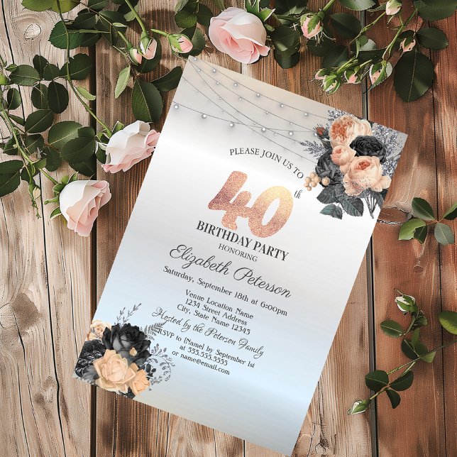 Orange Roses String Lights Silver 40th Birthday Invitation (Creator Uploaded)