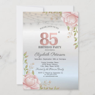 Orange Roses String Lights Silver 85th Birthday Invitation