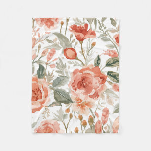 Orange Roses Watercolor Botanical Coral Floral Fleece Blanket