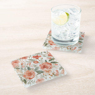 Orange Roses Watercolor Botanical Coral Floral Glass Coaster