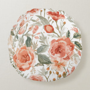 Orange Roses Watercolor Botanical Coral Floral Round Cushion