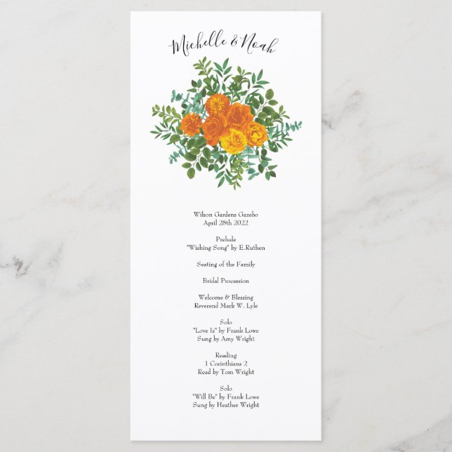 Orange Roses Wedding Floral Modern Menu (Front)