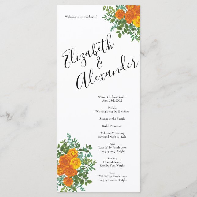 Orange Roses Wedding Floral Modern Menu (Front)