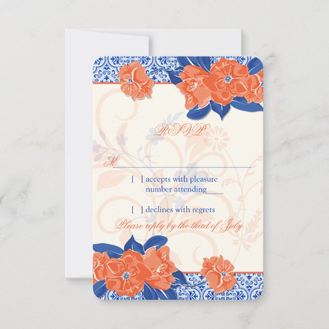 Orange Royal Blue Floral Wedding RSVP Reply (Front)