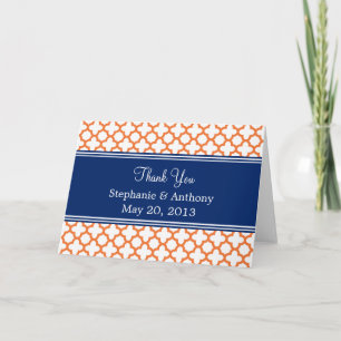 Orange, Royal Blue Quatrefoil  Wedding Thank You Card