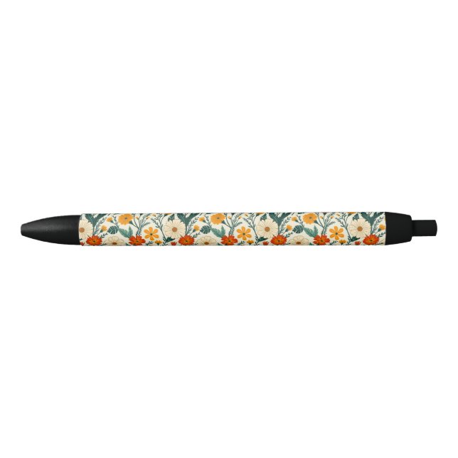 Orange Russet and Cream Floral Black Ink Pen (Front)